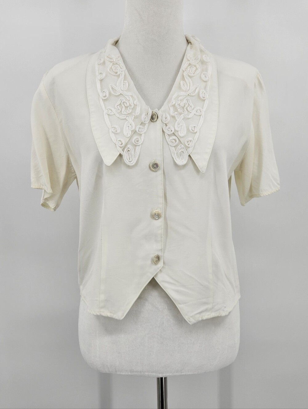 Vintage Ivory Satin Blouse Mesh Lace Peter Pan Collar Cropped Coquette Top M